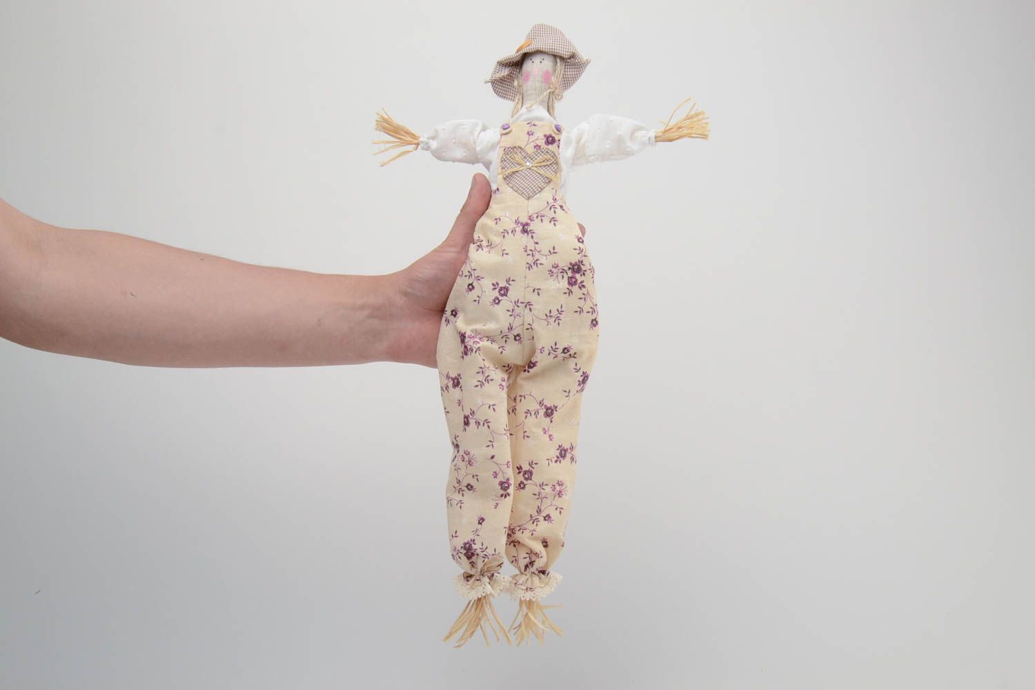 Handmade designer soft doll sewn of cotton and chintz fabrics Scarecrow photo 5