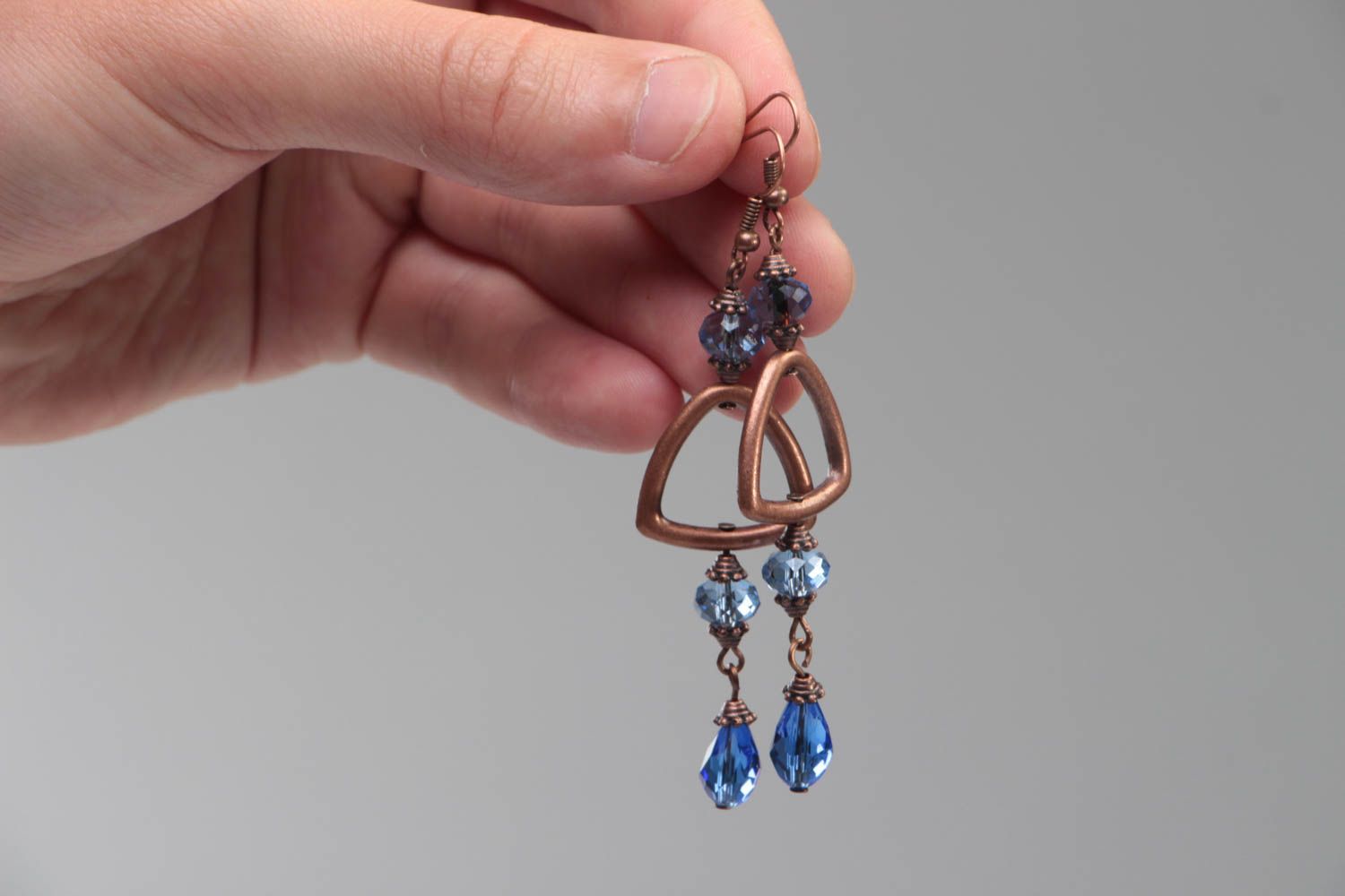 Handmade copper accessory unusual long earrings beautiful stylish jewelry photo 5