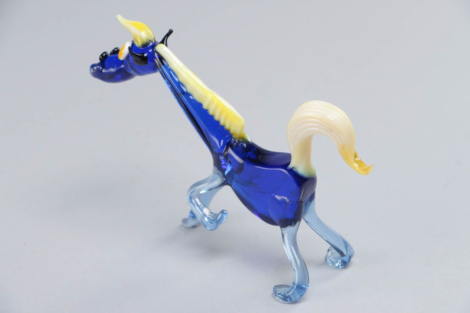 Handmade collectible lampwork glass miniature animal figurine of funny blue horse photo 4