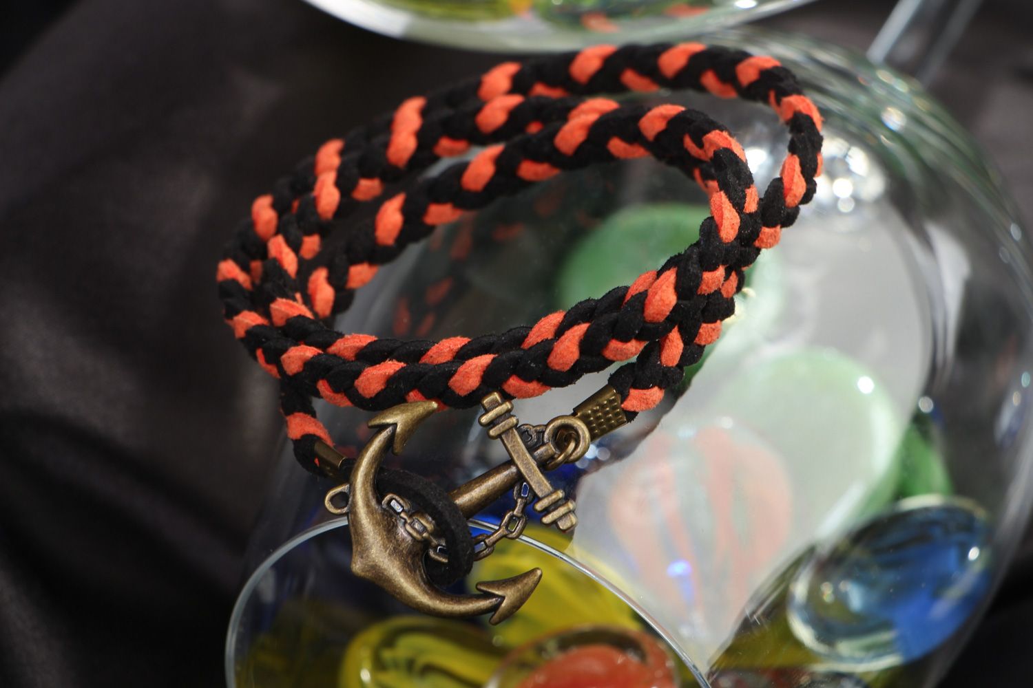 Handmade marine bracelet woven of faux suede cord of black and orange colors photo 4