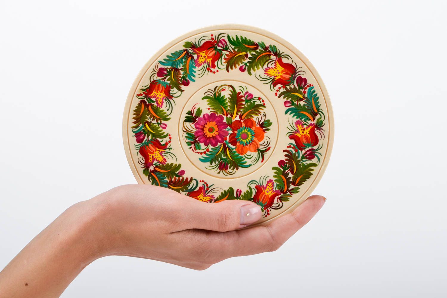 Декор на стену хэнд мэйд круглая декоративная тарелка расписная посуда Цветы фото 2