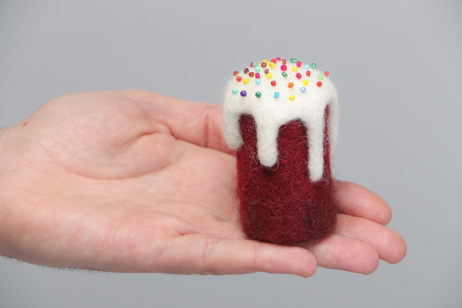 Handmade small decorative Easter cake felted of natural wool with colorful beads photo 5