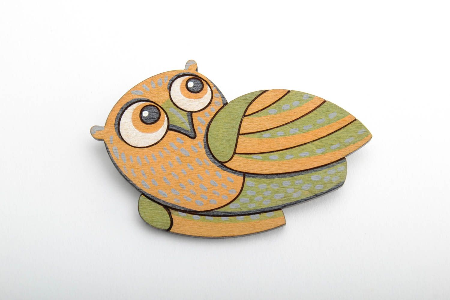 Bright handmade plywood brooch painted with acrylics in the shape of owl photo 5