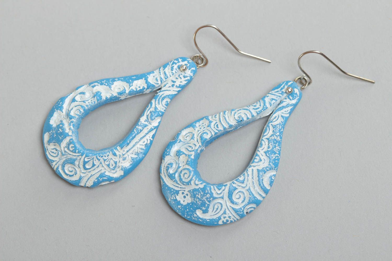 Beautiful blue and white handmade long polymer clay earrings photo 2