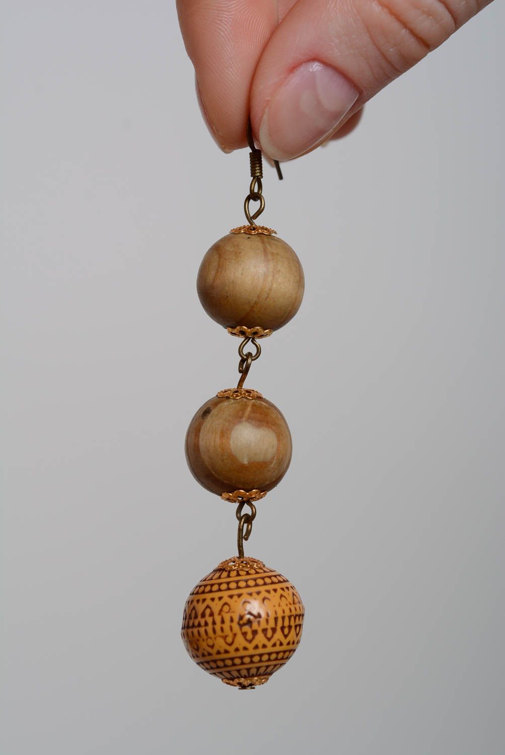 Long earrings made of wooden beads handmade beautiful female designer jewelry photo 5