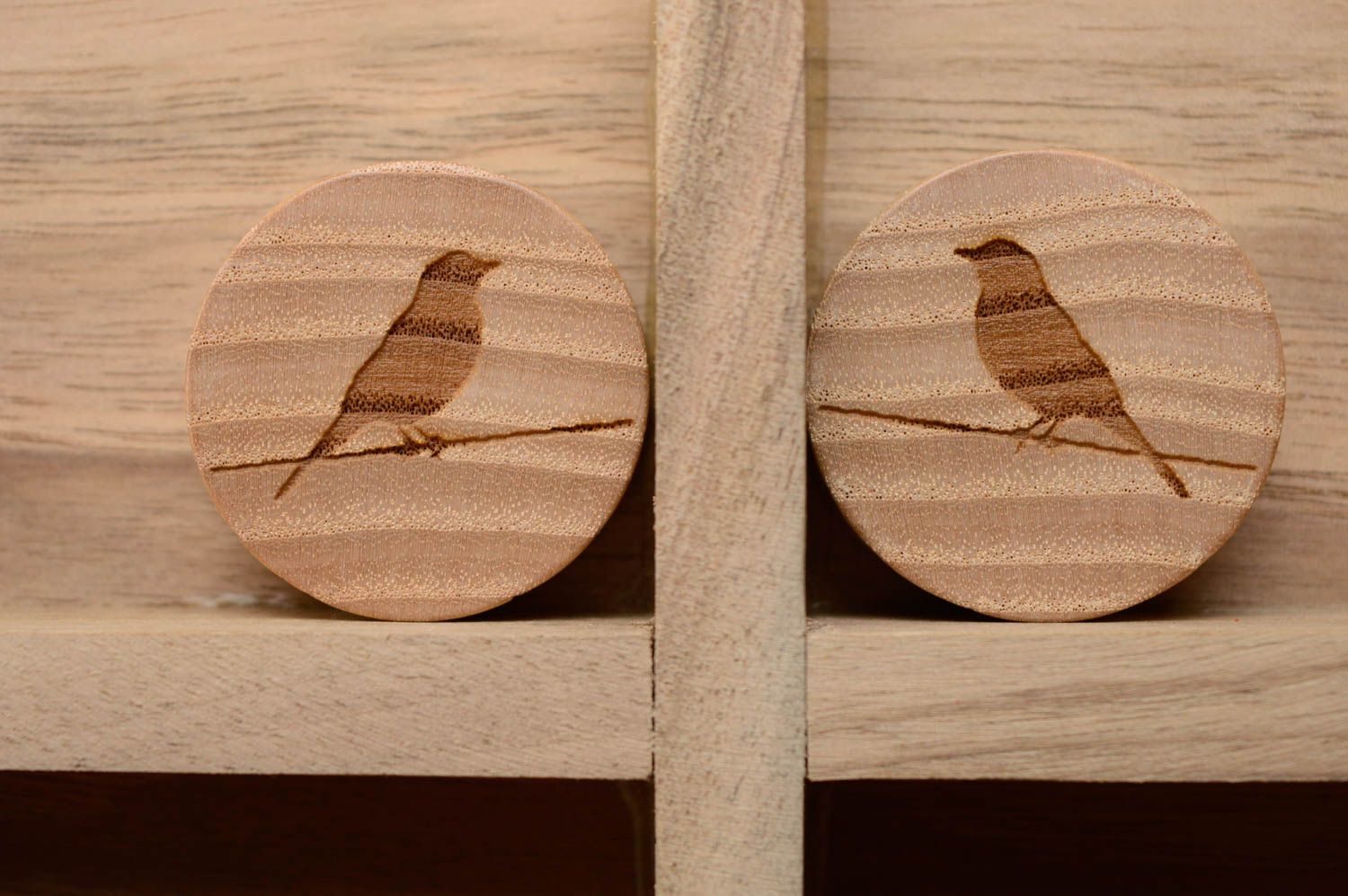 Wooden plug earrings with engraving Birds photo 1