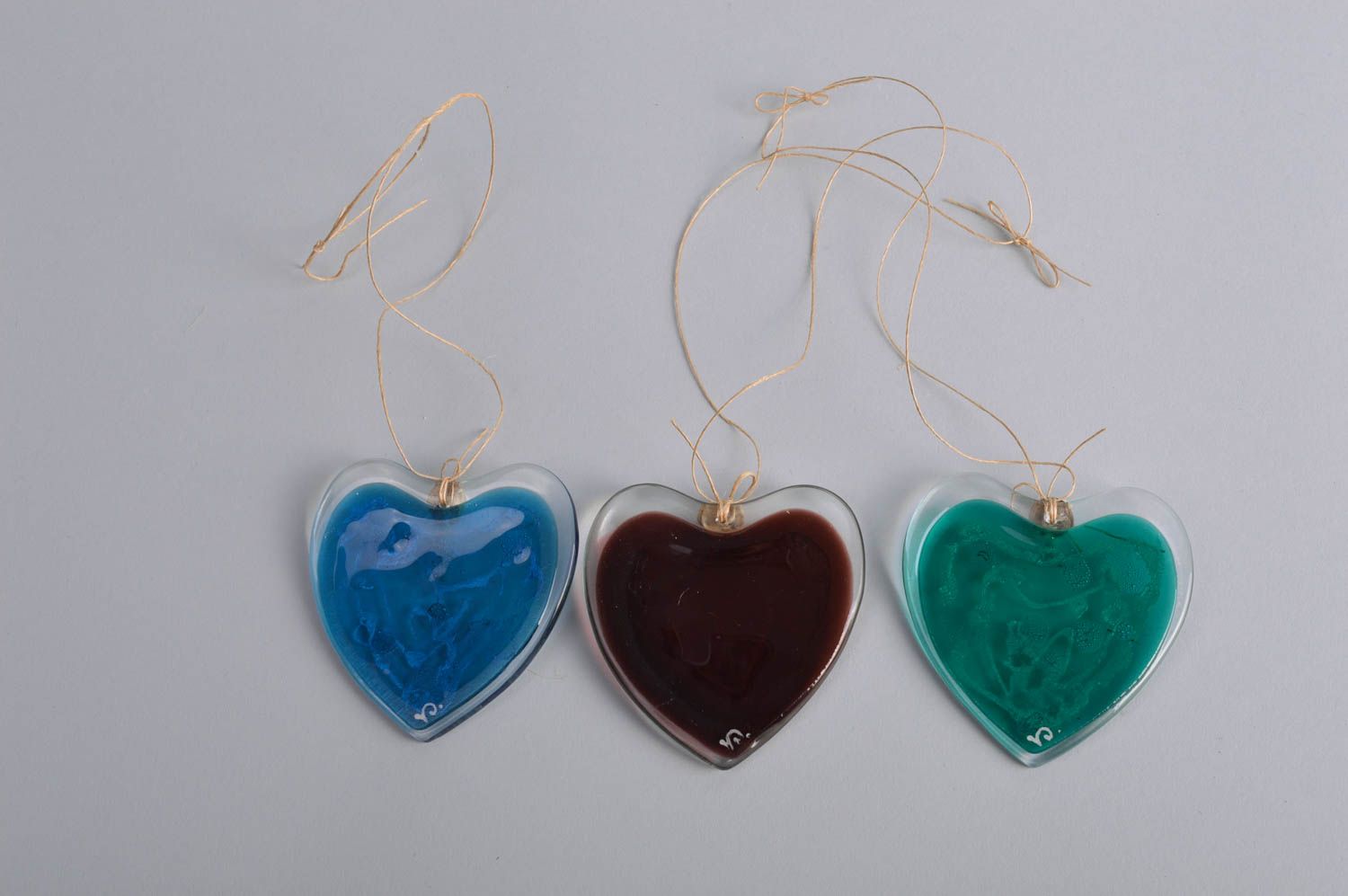 Set of 3 handmade colorful heart shaped glass wall hangings with cord eyelets photo 5
