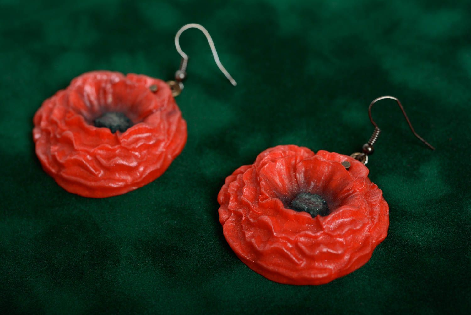 Large handmade designer polymer clay flower earrings Poppies photo 3