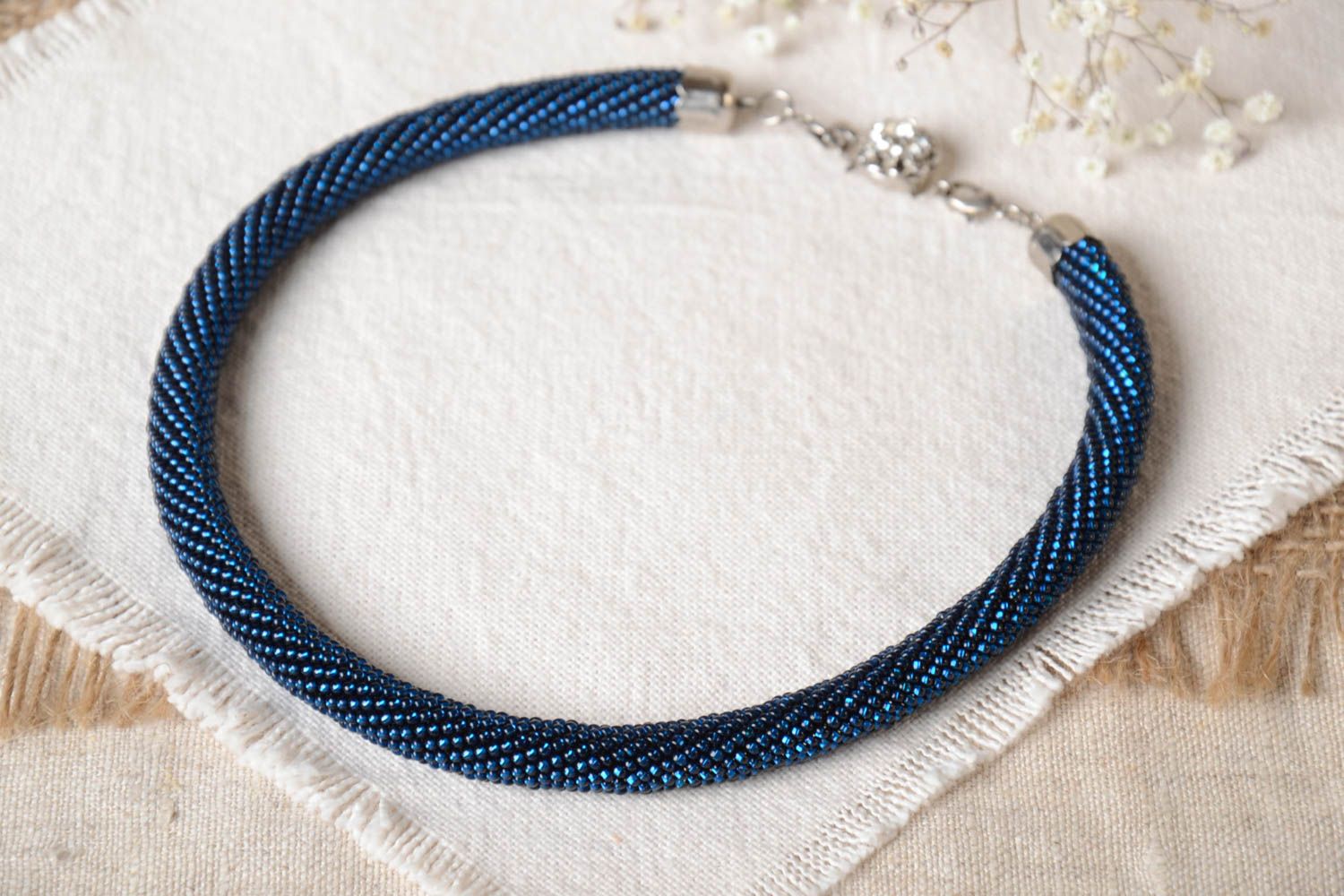 Collier spirale Bijou fait main Cadeau femme bleu en perles de rocaille photo 1
