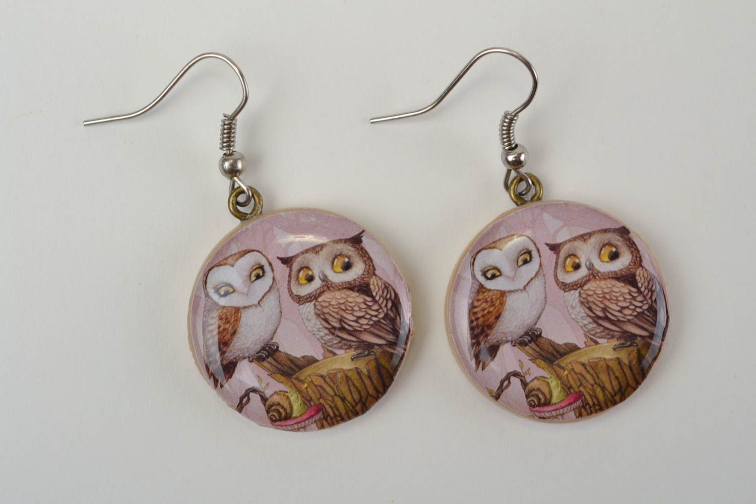 Beautiful handmade round polymer clay earrings with decoupage owls photo 5