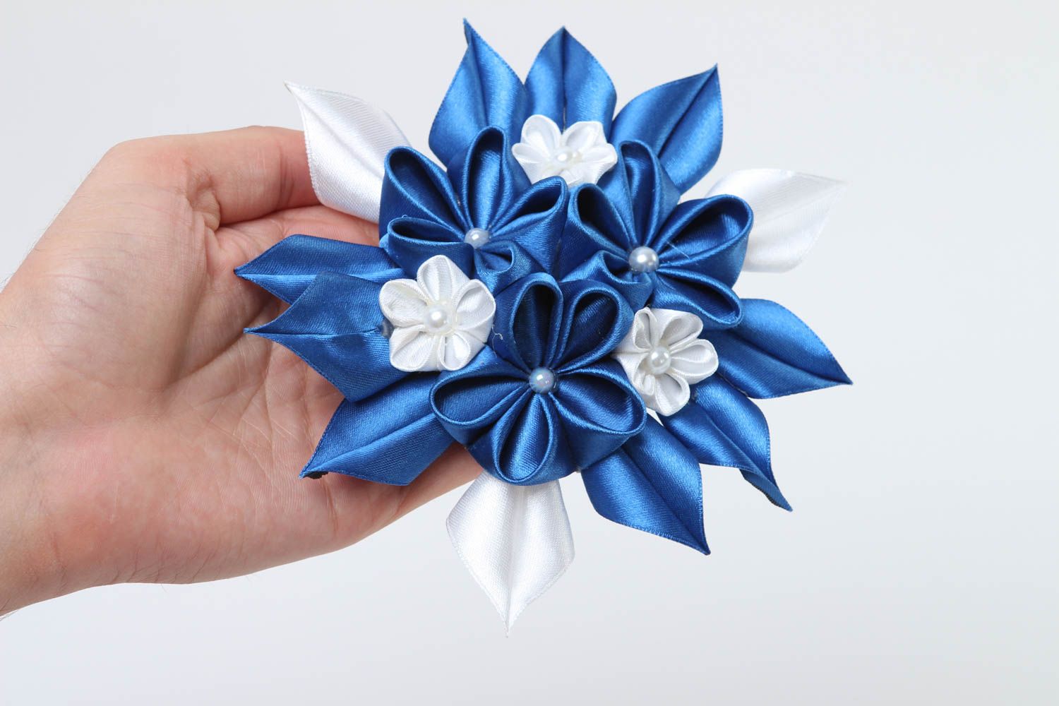 Заколка с цветком ручной работы заколка-цветок синий аксессуар для волос фото 5