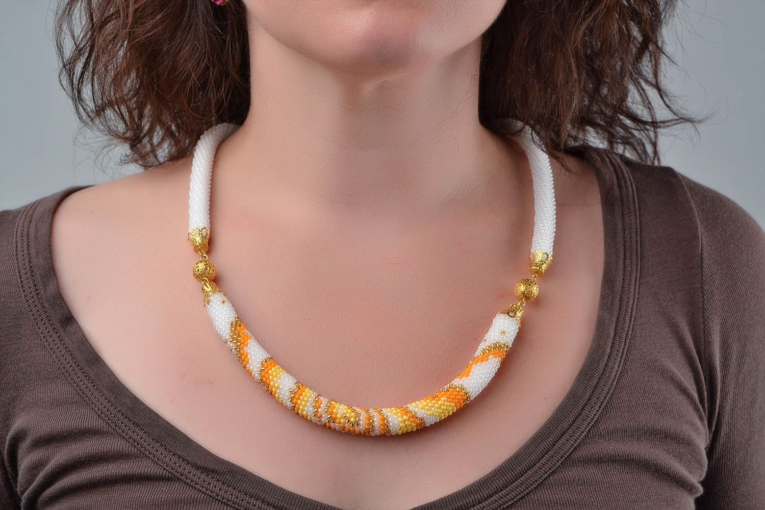 Beautiful handmade designer beaded cord necklace white and gold Sunny photo 2