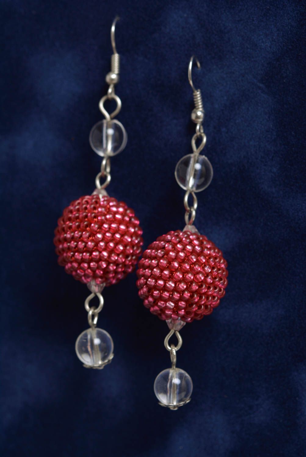 Unusual beautiful handmade designer beaded ball earrings of red color photo 1