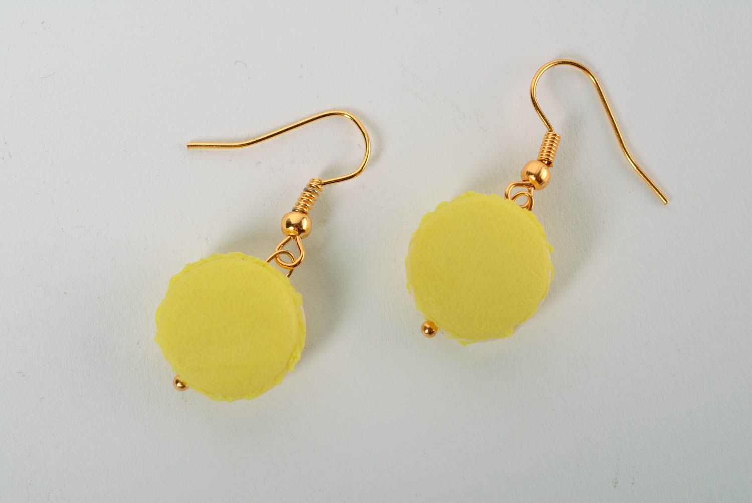Unusual yellow handmade designer polymer clay earrings Macaron photo 1