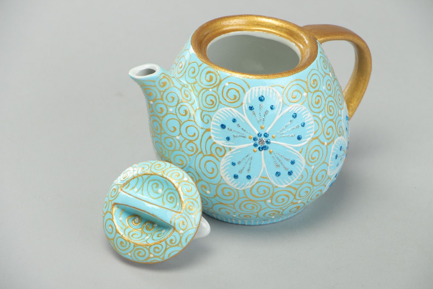 Théière céramique peinte à l'acrylique faite main bleu clair à fleurs 30 cl photo 2