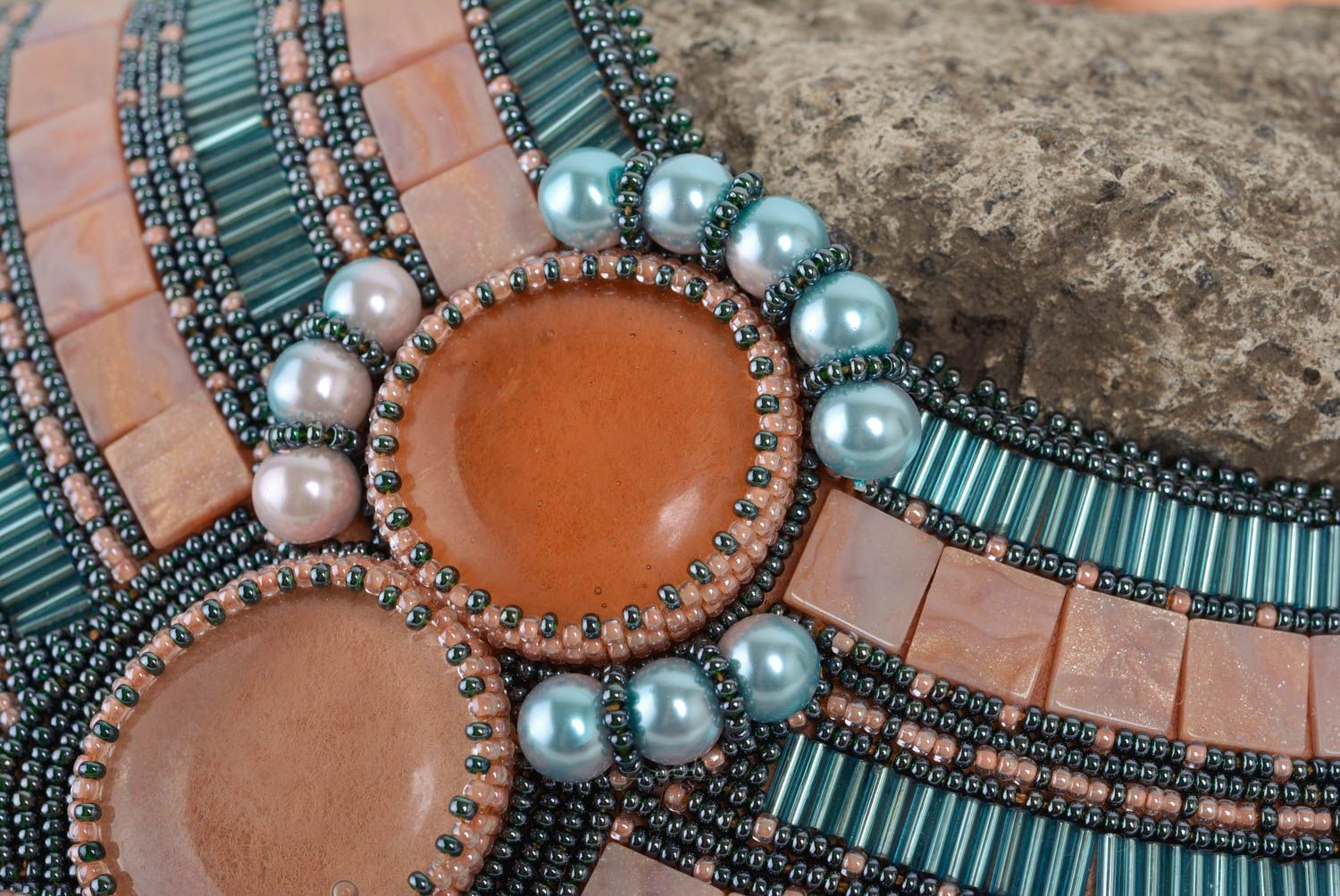 Handmade massive wide beaded necklace with decorative gems and glass cabochons photo 4