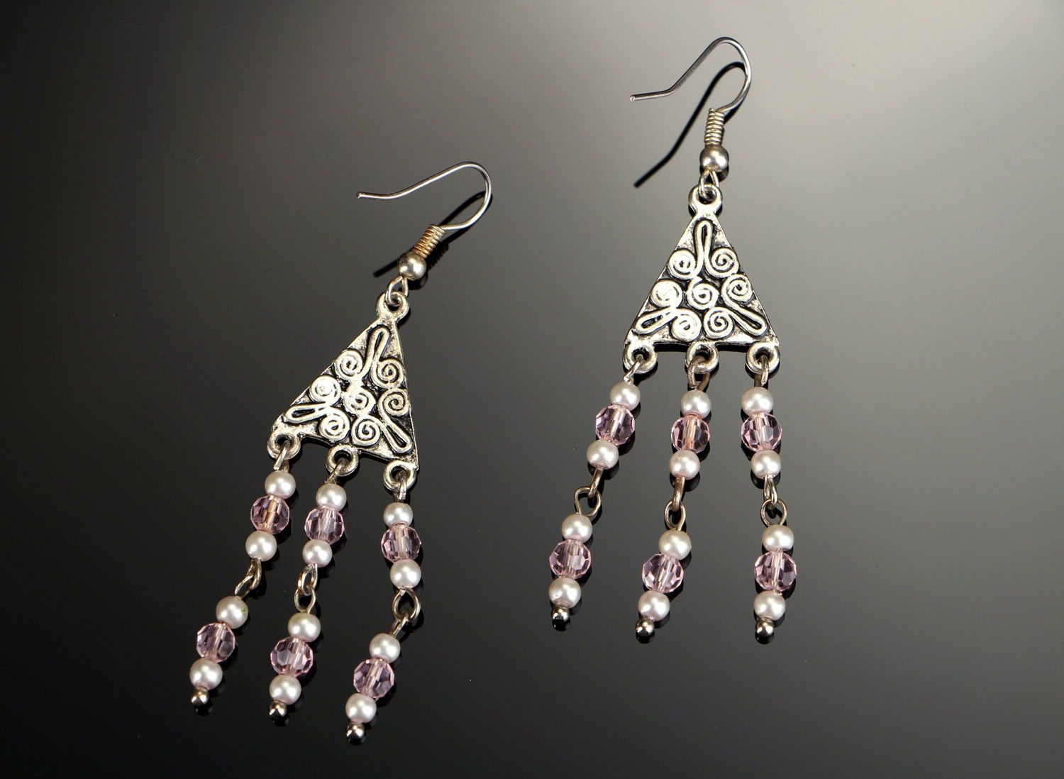 Long earrings with crystal and ceramic pearl photo 2