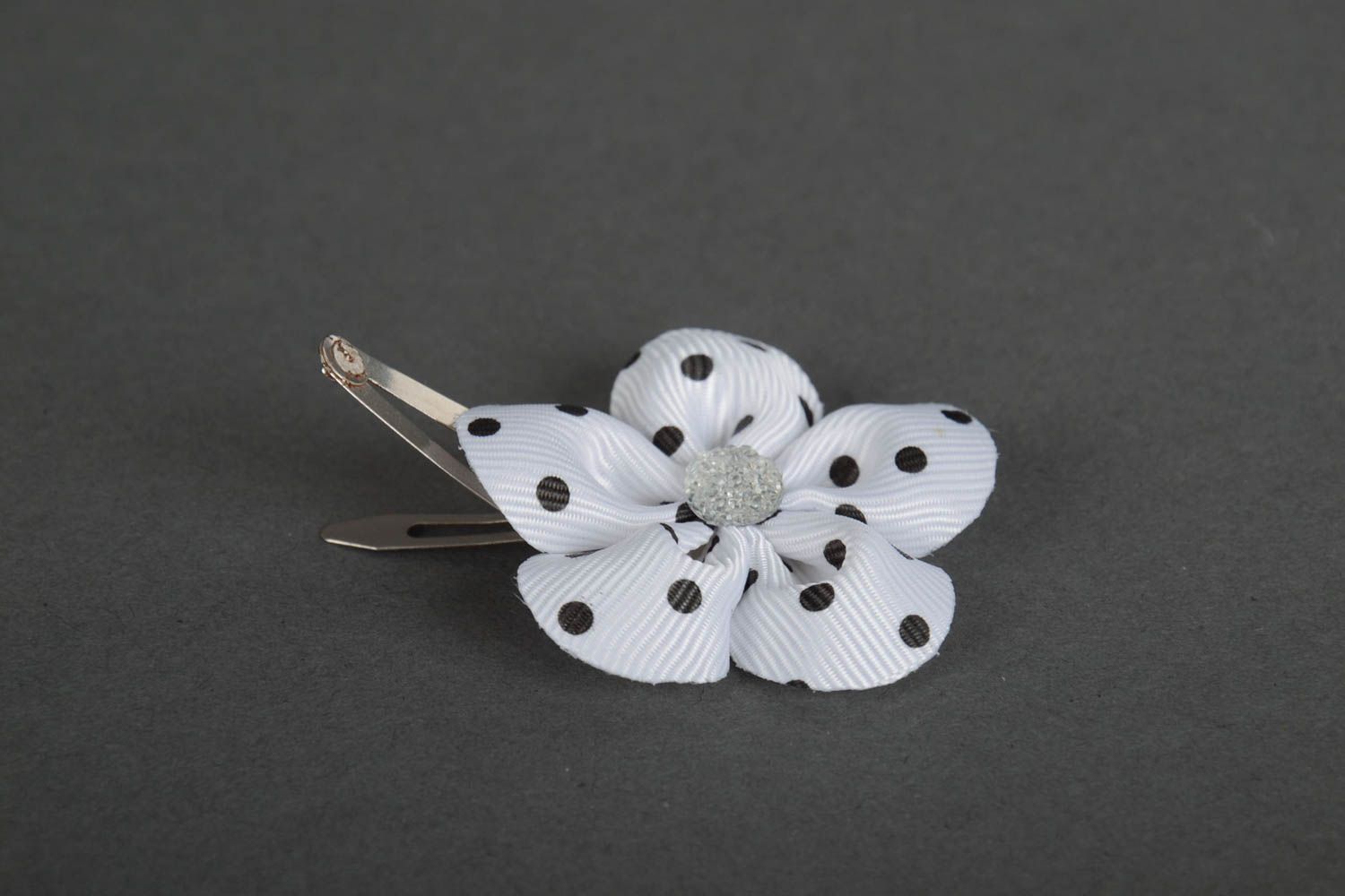 Beautiful satin ribbon flower hair clip of white color with black dots photo 2