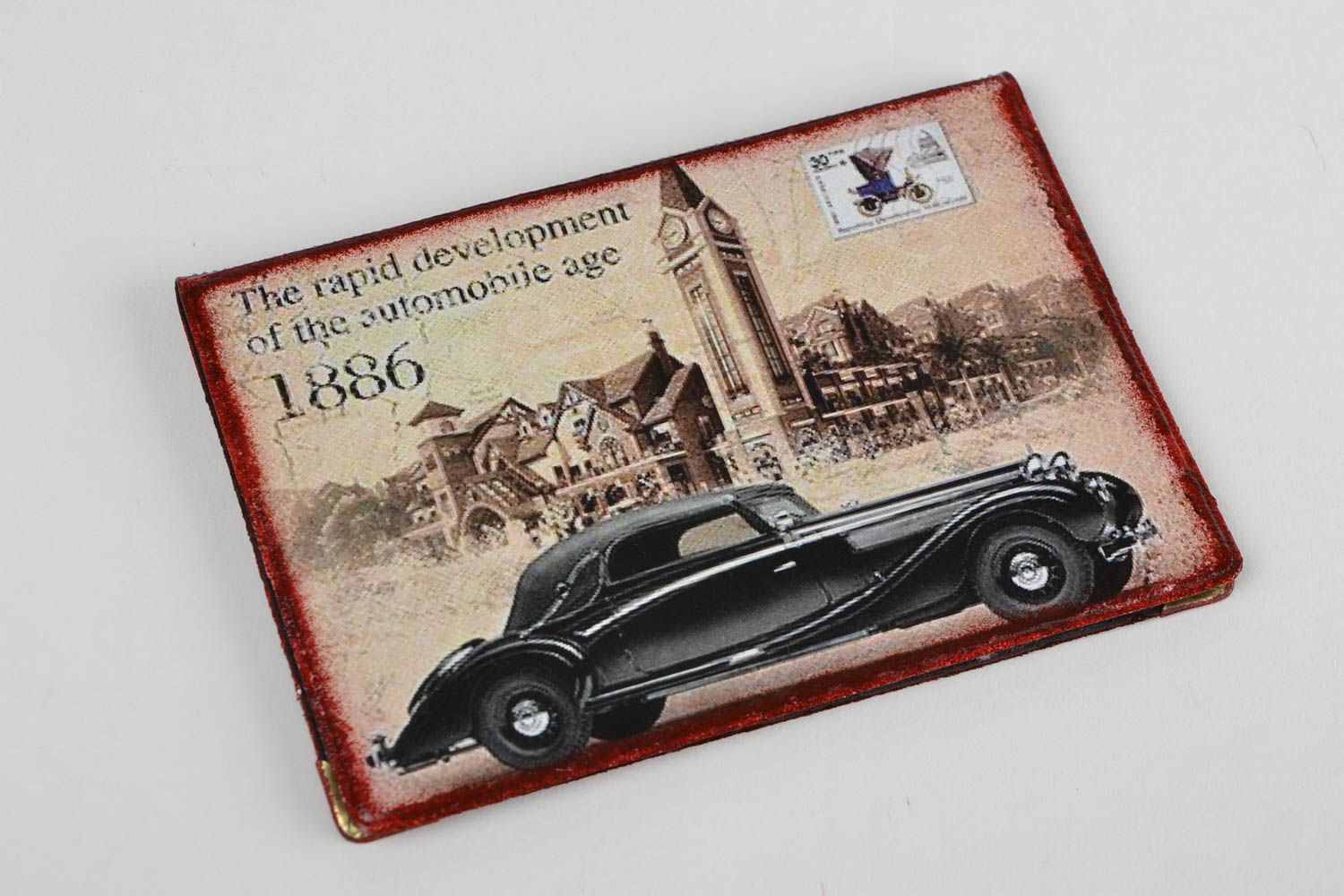 Handmade faux leather passport cover with decoupage in retro style Automobile photo 4