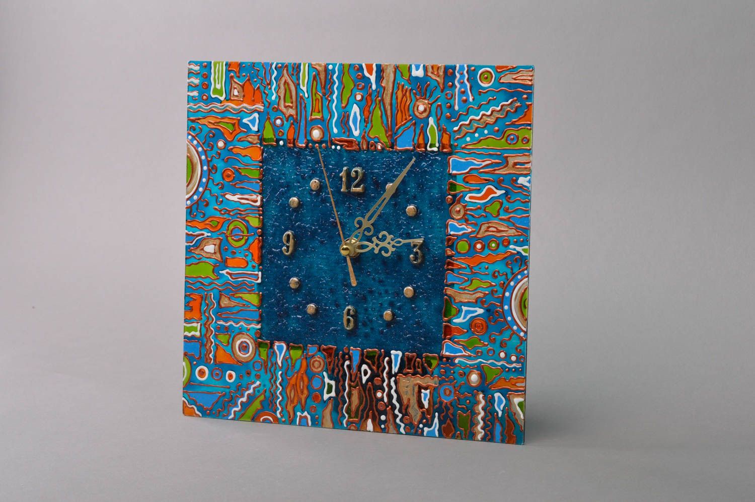 Handmade designer square glass wall clock painted in blue color shades Stone Age photo 1