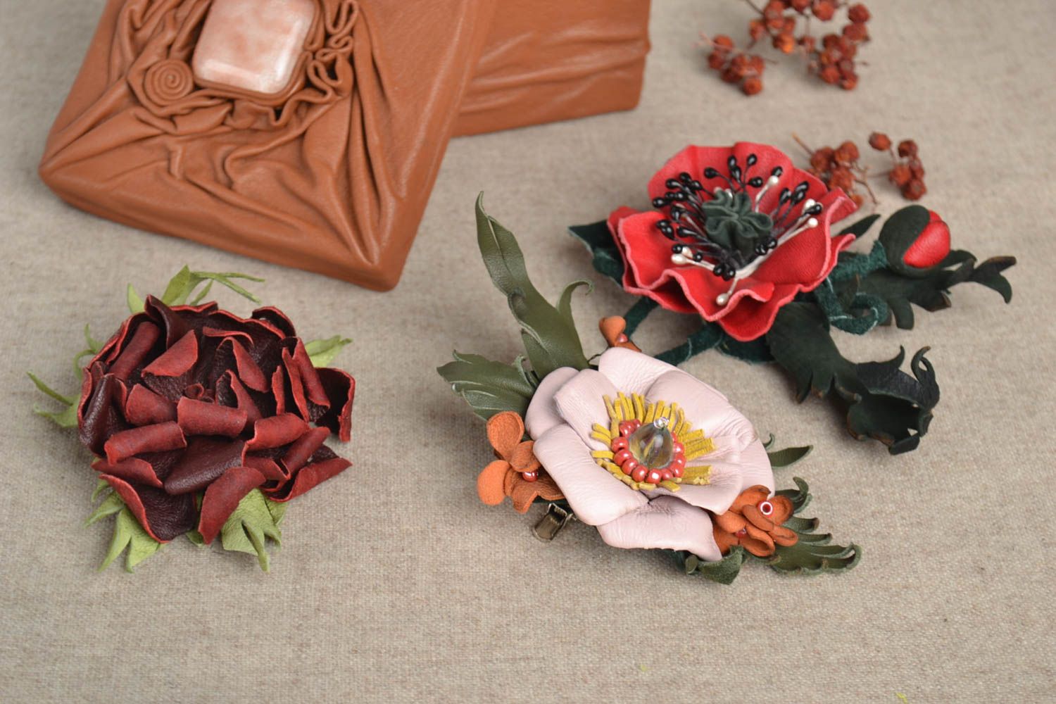 Handmade brooch in the shape of flowers unique leather accessories for woman photo 1