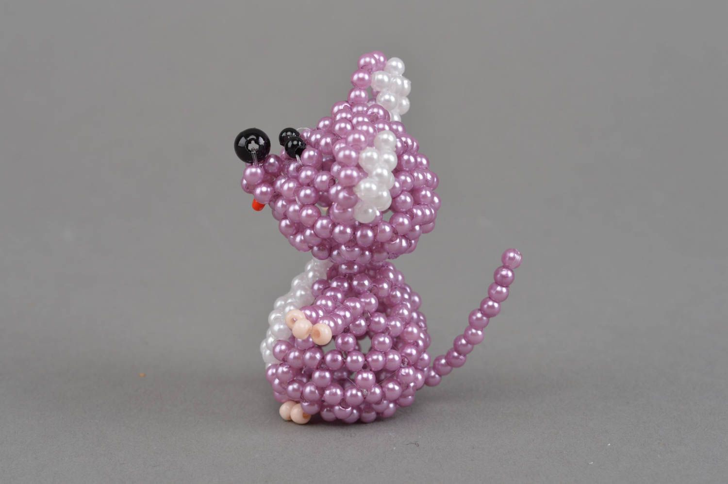 Handmade designer small collectible figurine woven of beads violet mouse photo 3