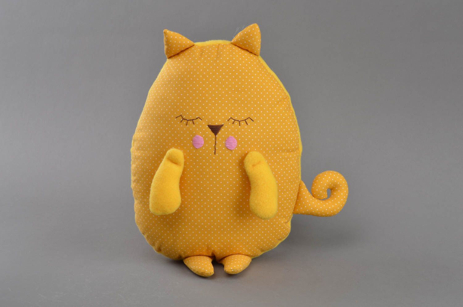 Handmade funny designer soft fabric pillow pet yellow polka dot sleepy kitten photo 1