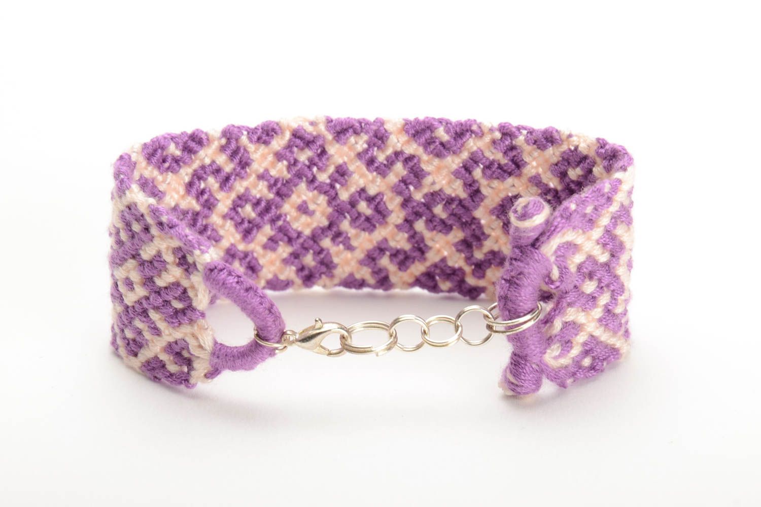 Lilac handmade bright wide wrist bracelet woven of embroidery floss photo 3