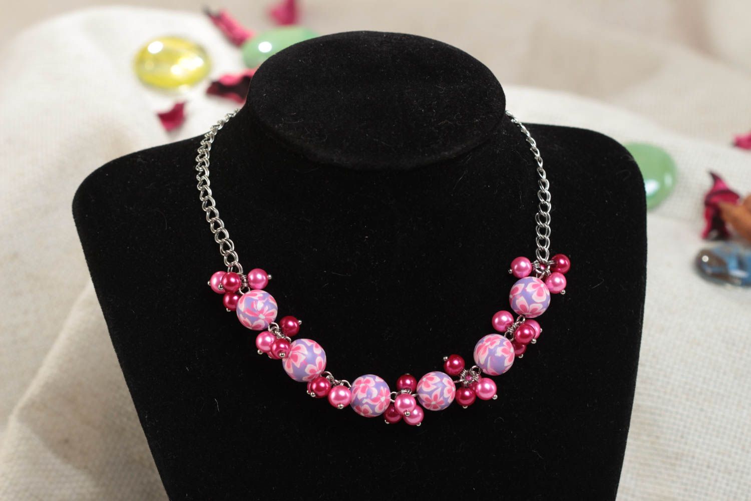Beautiful handmade pink polymer clay necklace for children photo 1