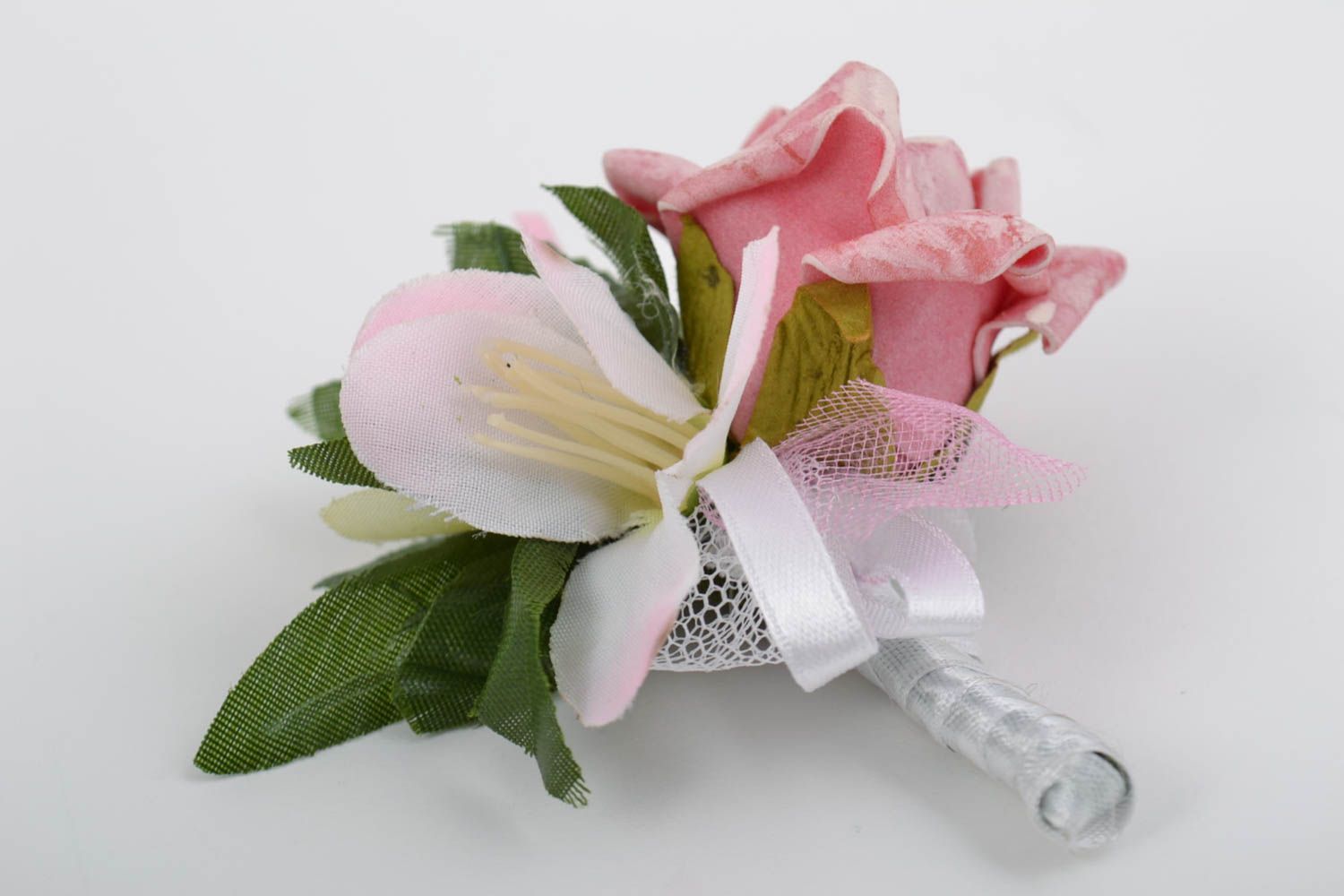 Искусственный розовый цветок для заколки или другого украшения ручной работы  фото 5