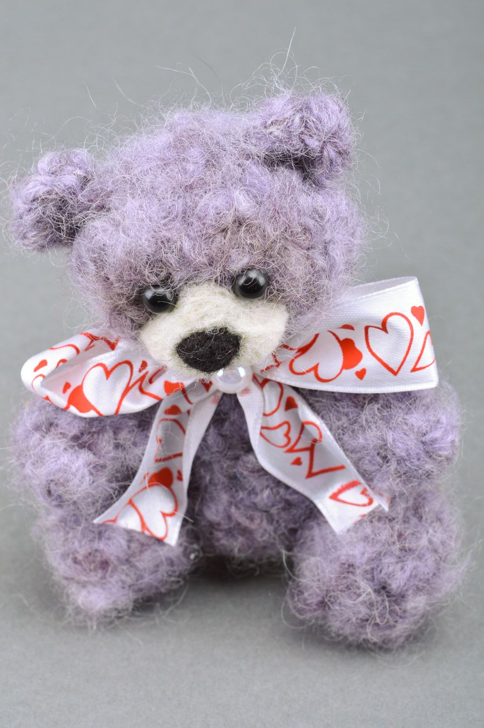 Handmade small soft toy Bear crocheted of mohair threads of violet color photo 2