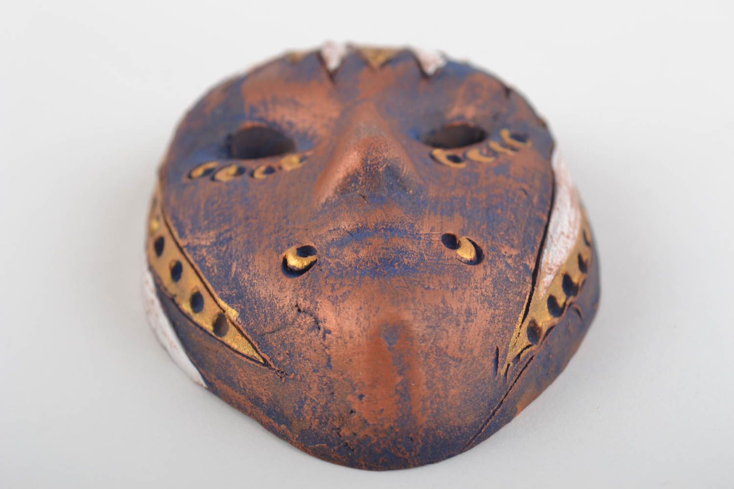 Handmade brown fridge magnet in shape of carnival mask made of clay photo 4