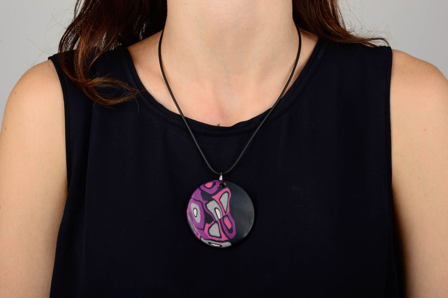 Handmade designer pendant unusual round pendant accessory made of clay photo 5