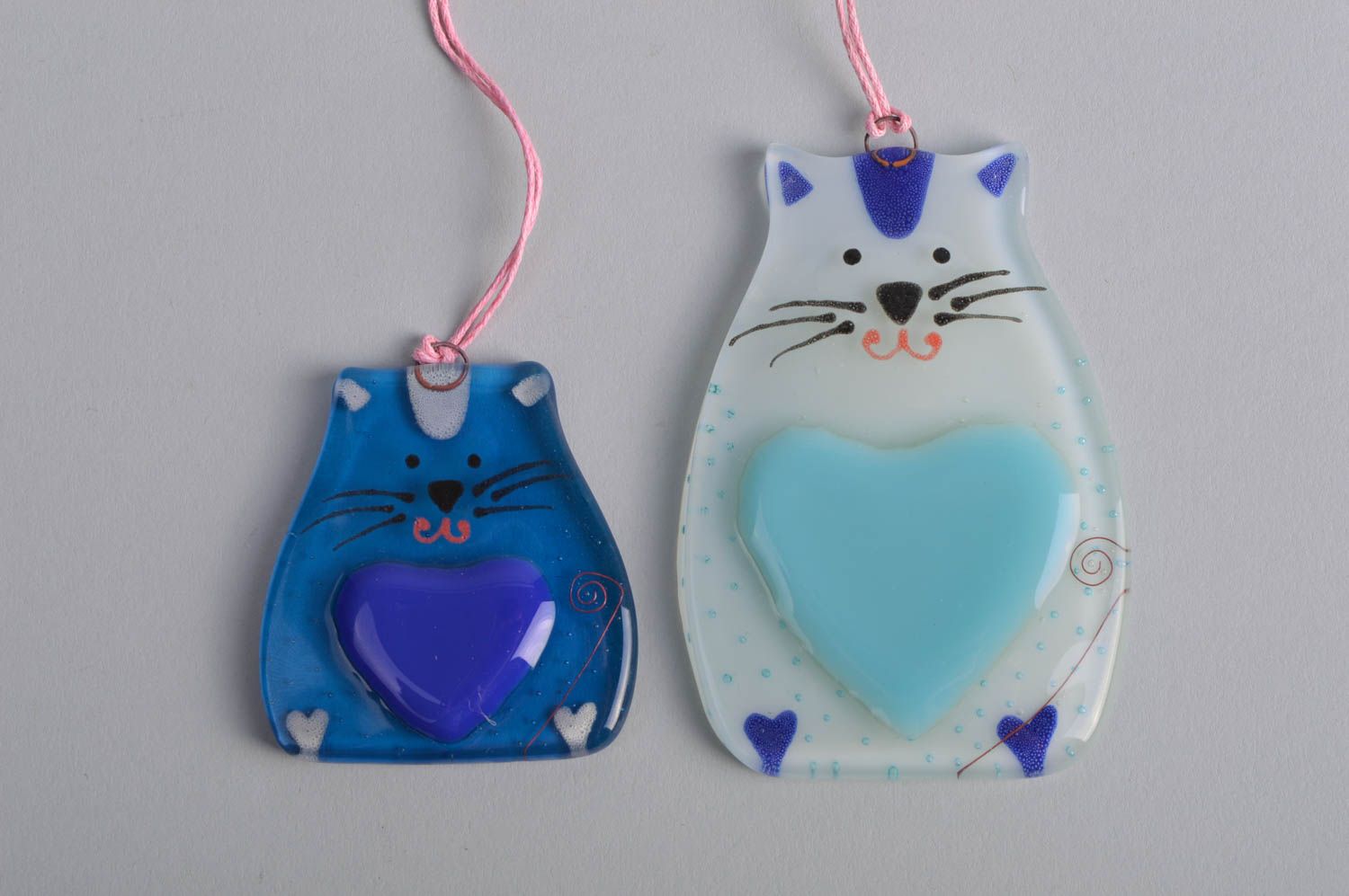Set of 2 handmade designer stained glass wall hangings fusing technique Cats photo 4