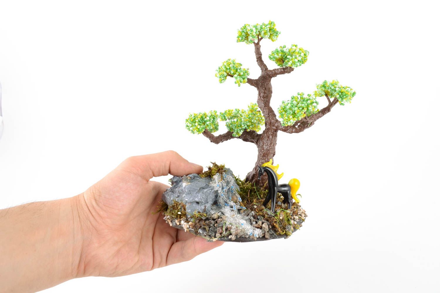 Handmade designer decorative beaded bonsai tree on stand with figurine of horse photo 5