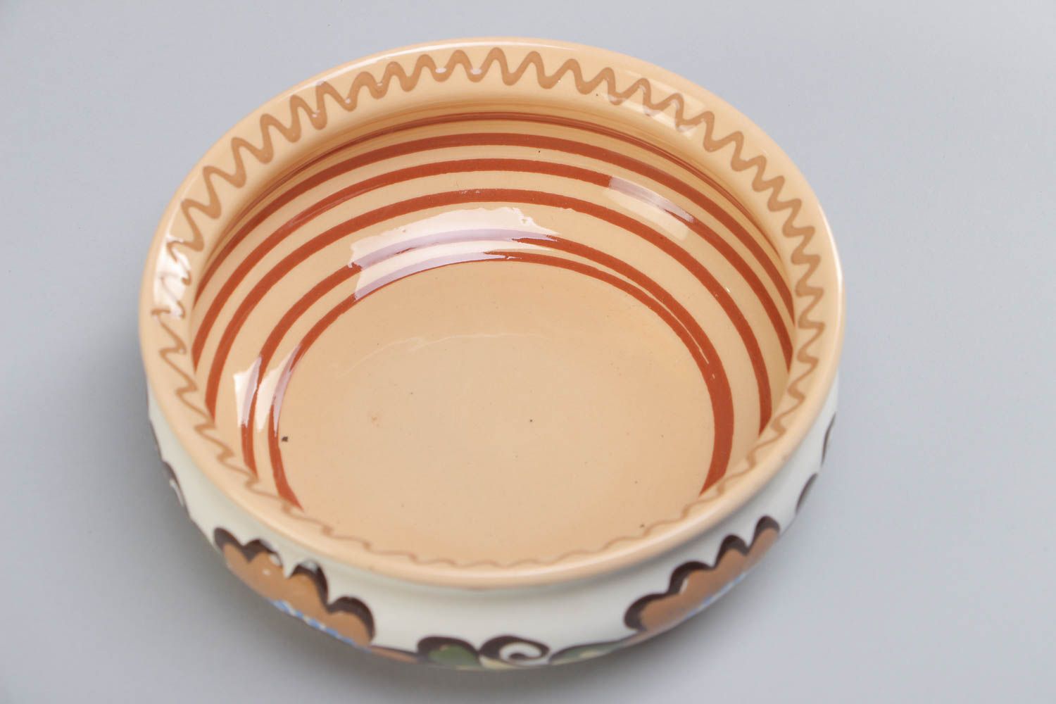 Handmade designer ceramic bowl for 1.3 l painted with colorful glaze with flowers photo 3