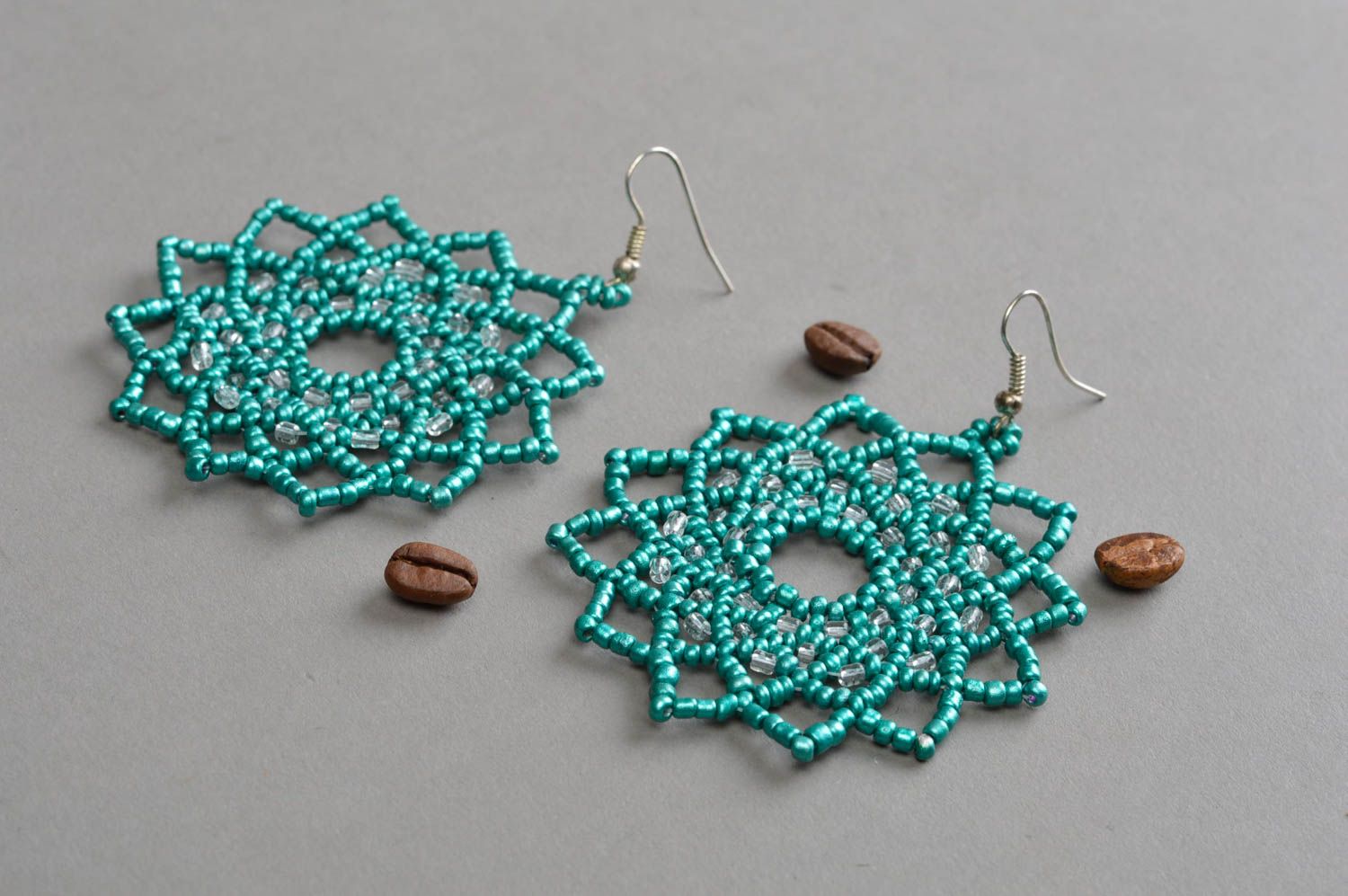 Openwork green earrings beaded handmade accessories stylish jewelry with charms photo 1
