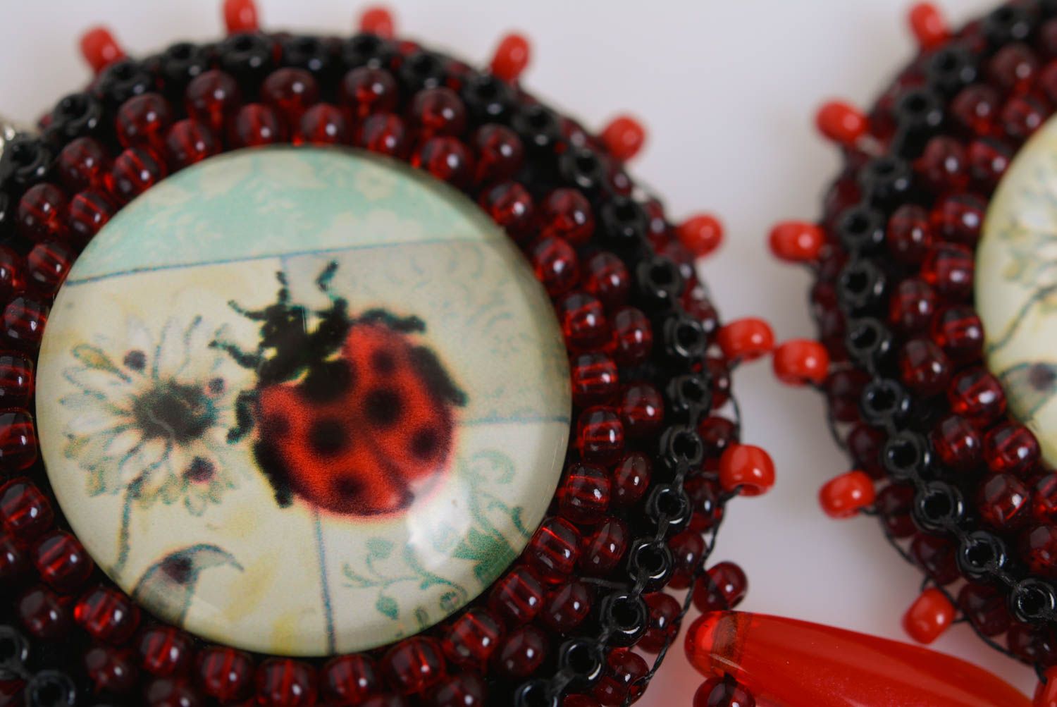 Beautiful women's handmade designer beaded dangle earrings Ladybug photo 5
