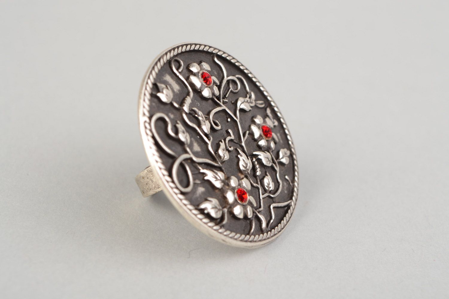 Handmade metal round ring with rhinestones and ornament in ethnic style for women photo 5