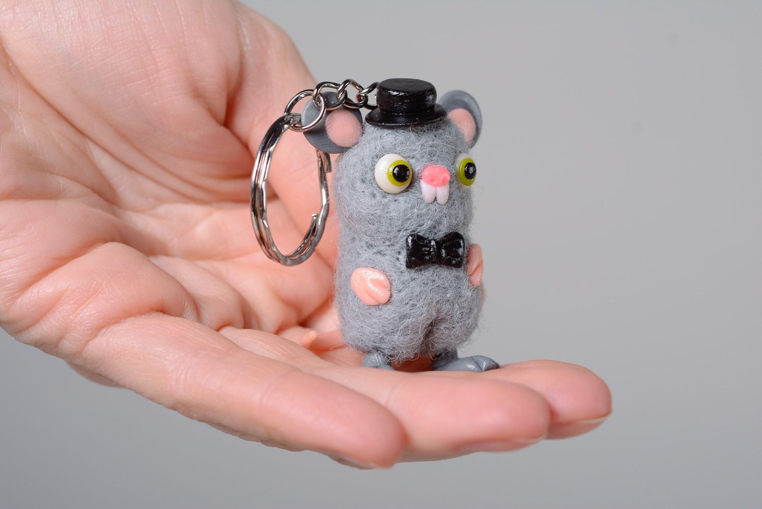 Keychain toy hand made of wool and polymer clay Mouse photo 5