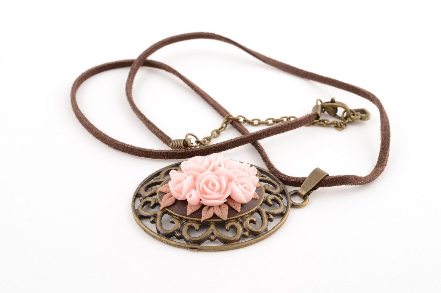 Handmade oval metal pendant on chain with polymer clay pink rose buds  photo 4
