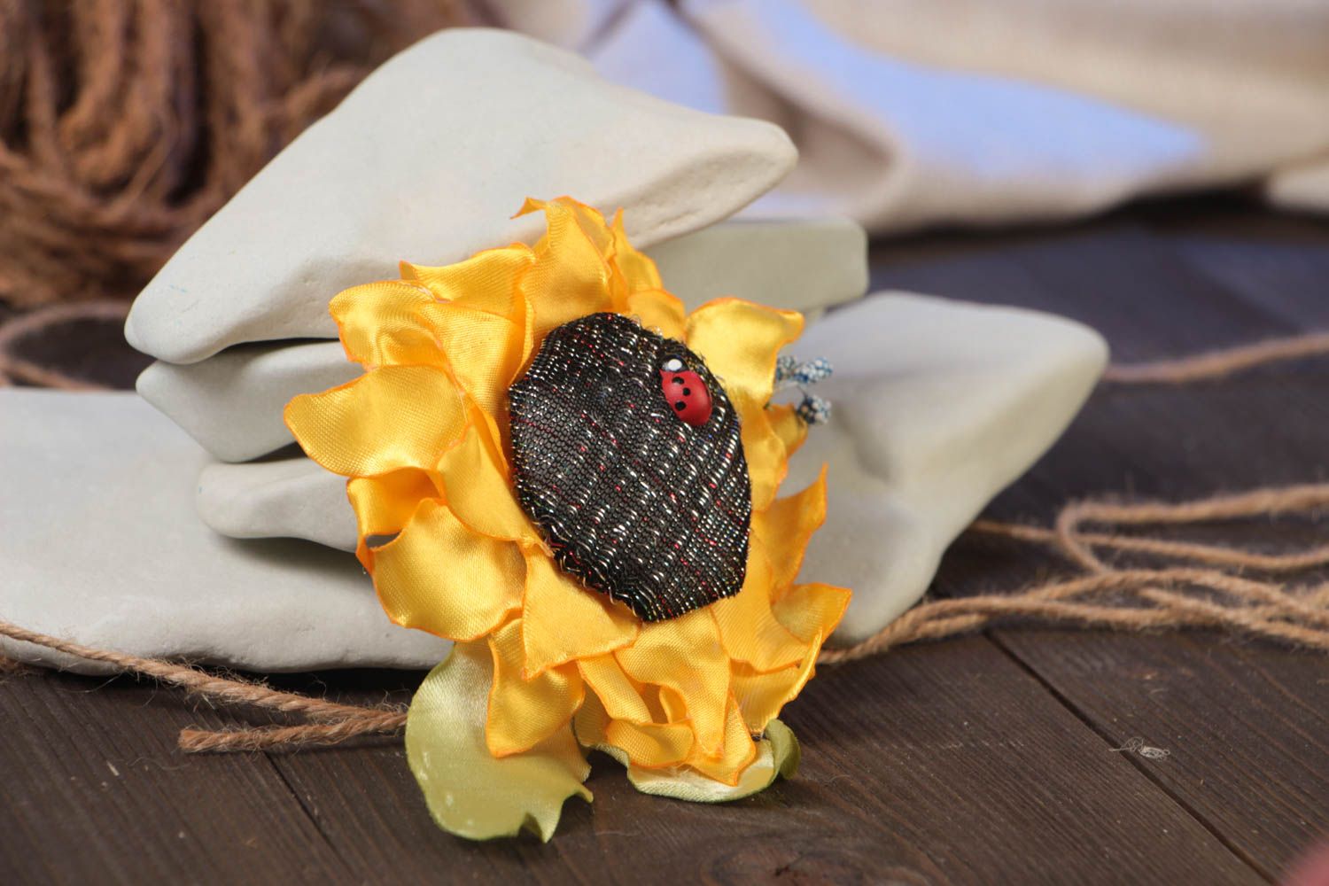 Beautiful handmade designer satin fabric hair clip with yellow sunflower photo 1
