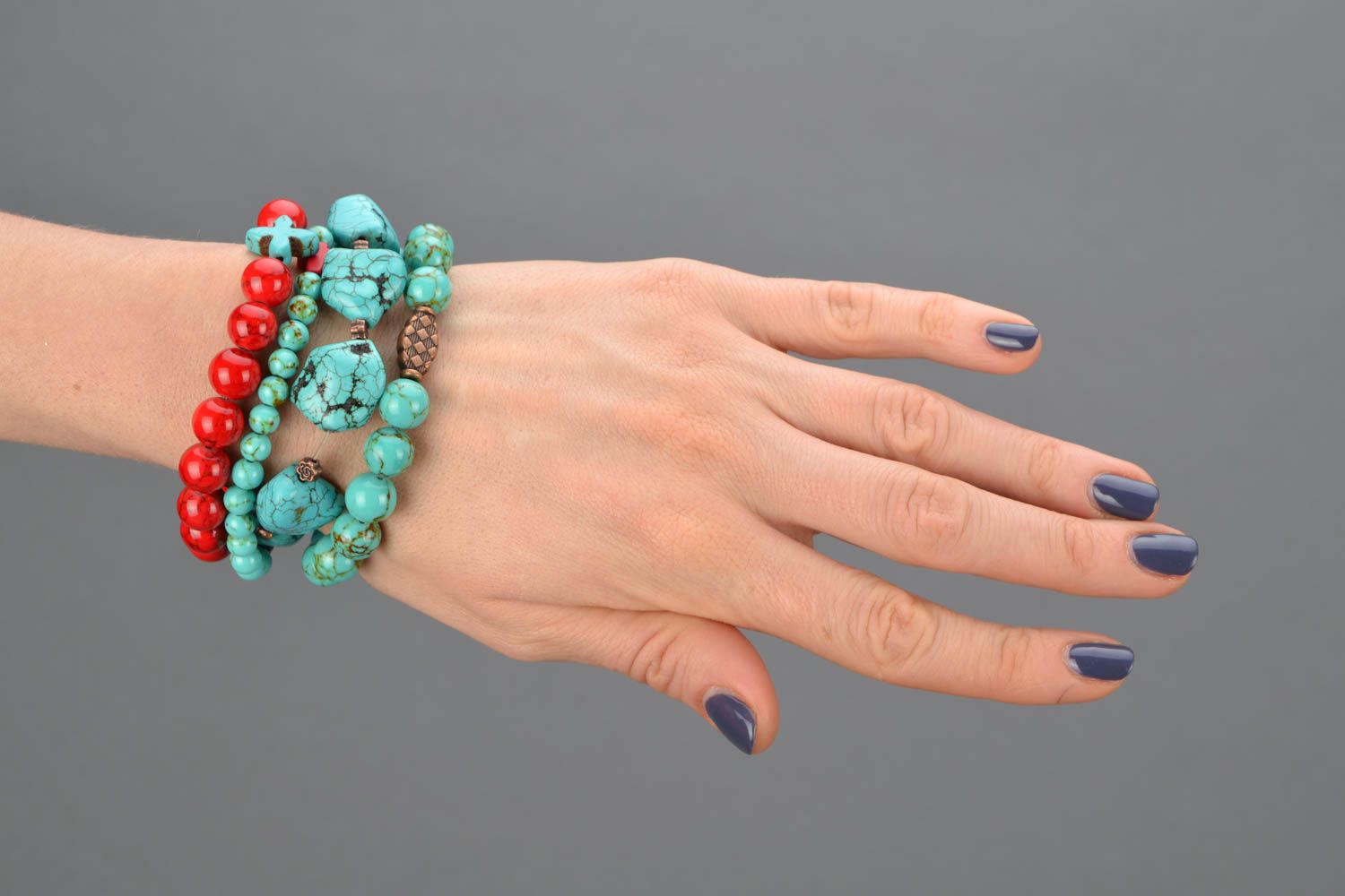 Natural stone bracelet of red and turquoise colors photo 2