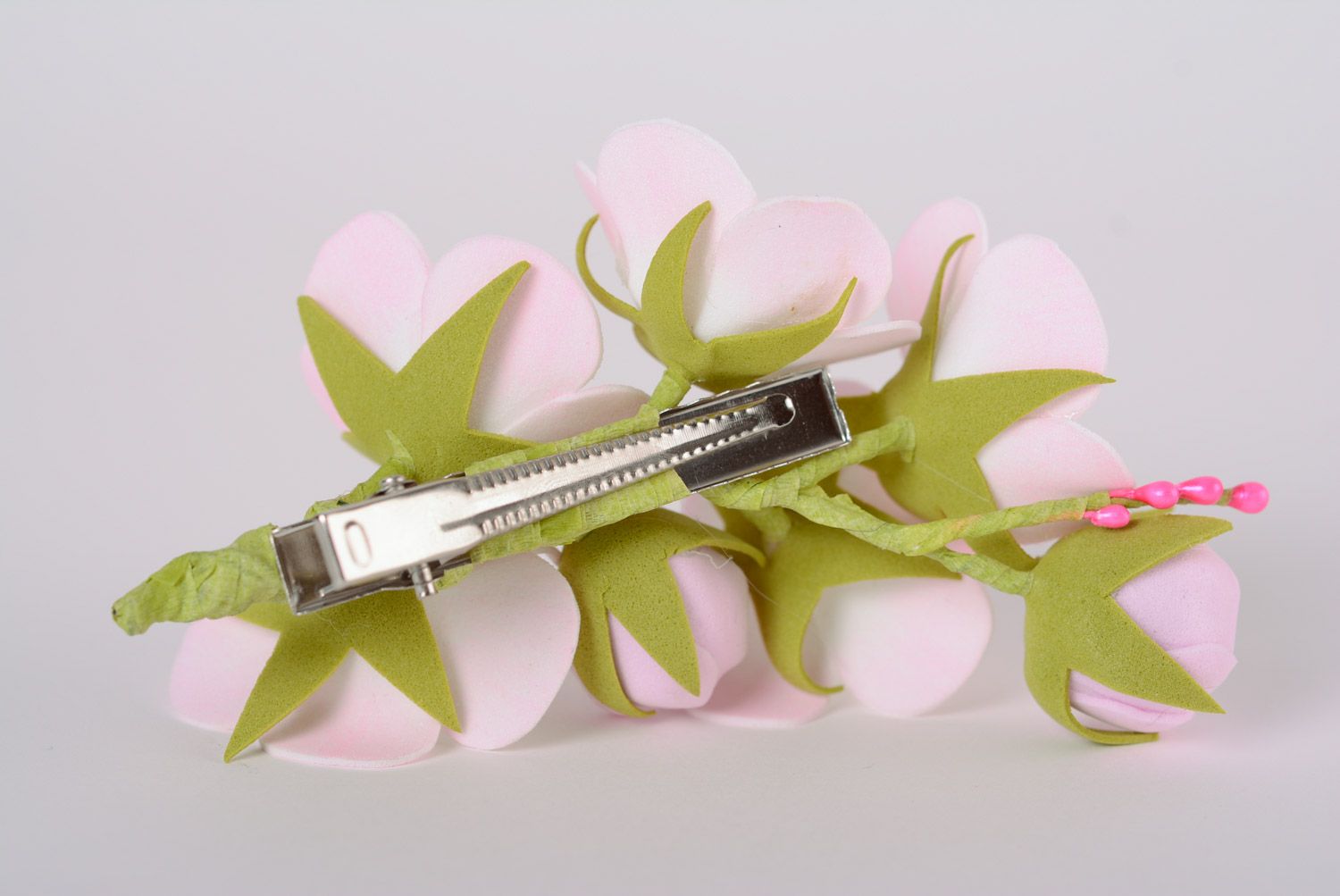 Gentle women's handmade foamiran fabric flower hair clip in light colors photo 4