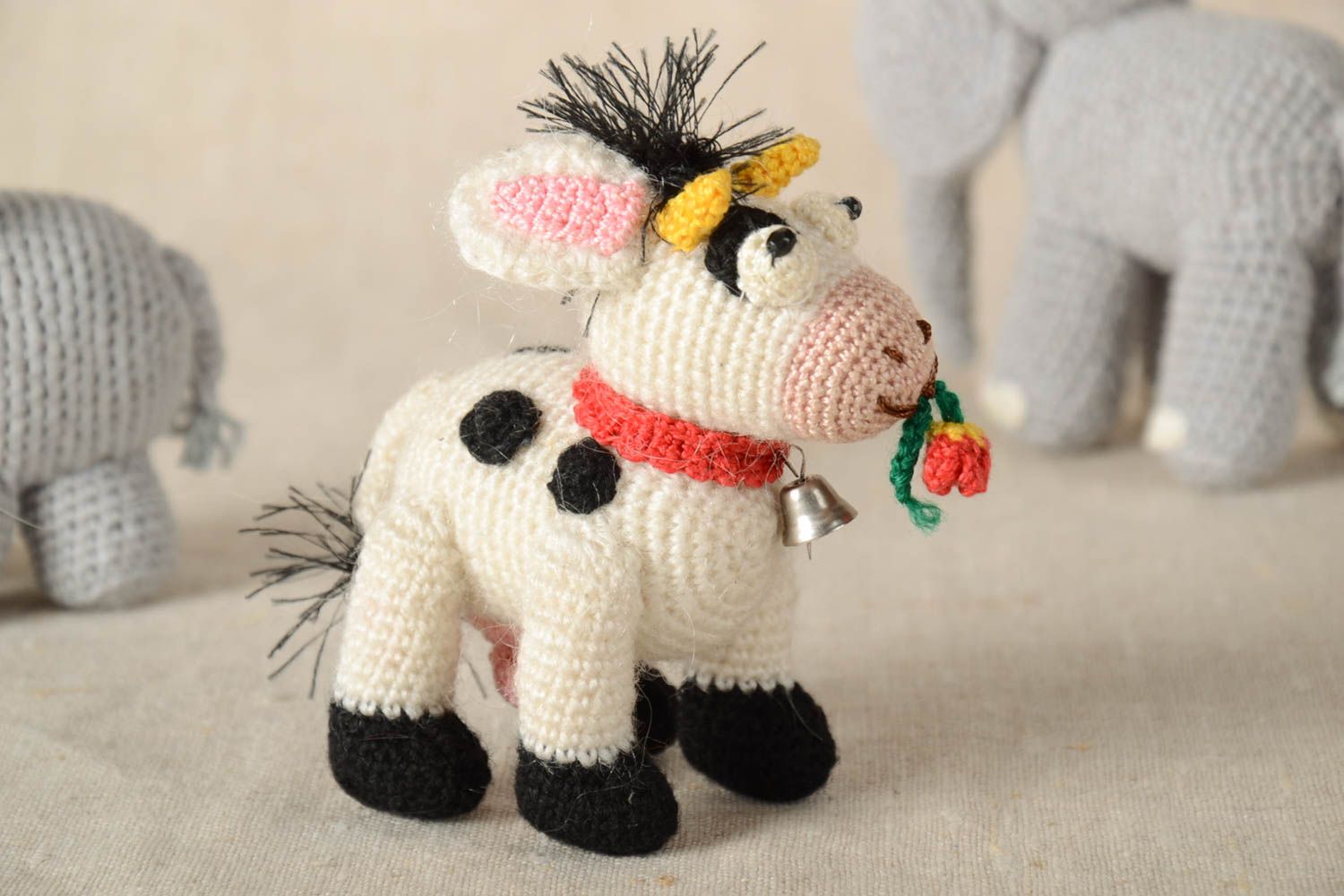 Handmade designer crocheted figurine unique cow toy present for children photo 1