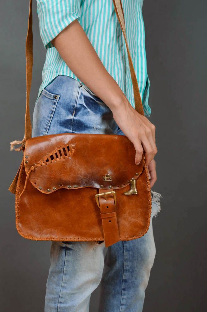 Сумка ручной работы сумка через плечо кожаная сумка светло коричневая красивая фото 5