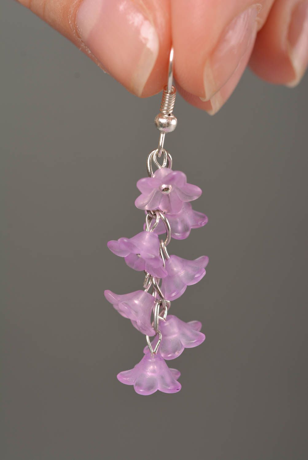 Metal earrings with plastic lilac flowers handmade stylish designer accessory photo 2