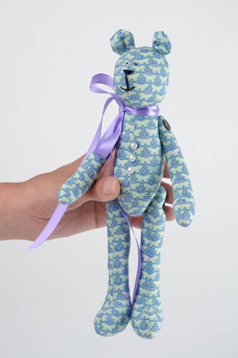 Peluche ours Jouet enfant fait main petit à motif bleu en coton Cadeau original photo 2