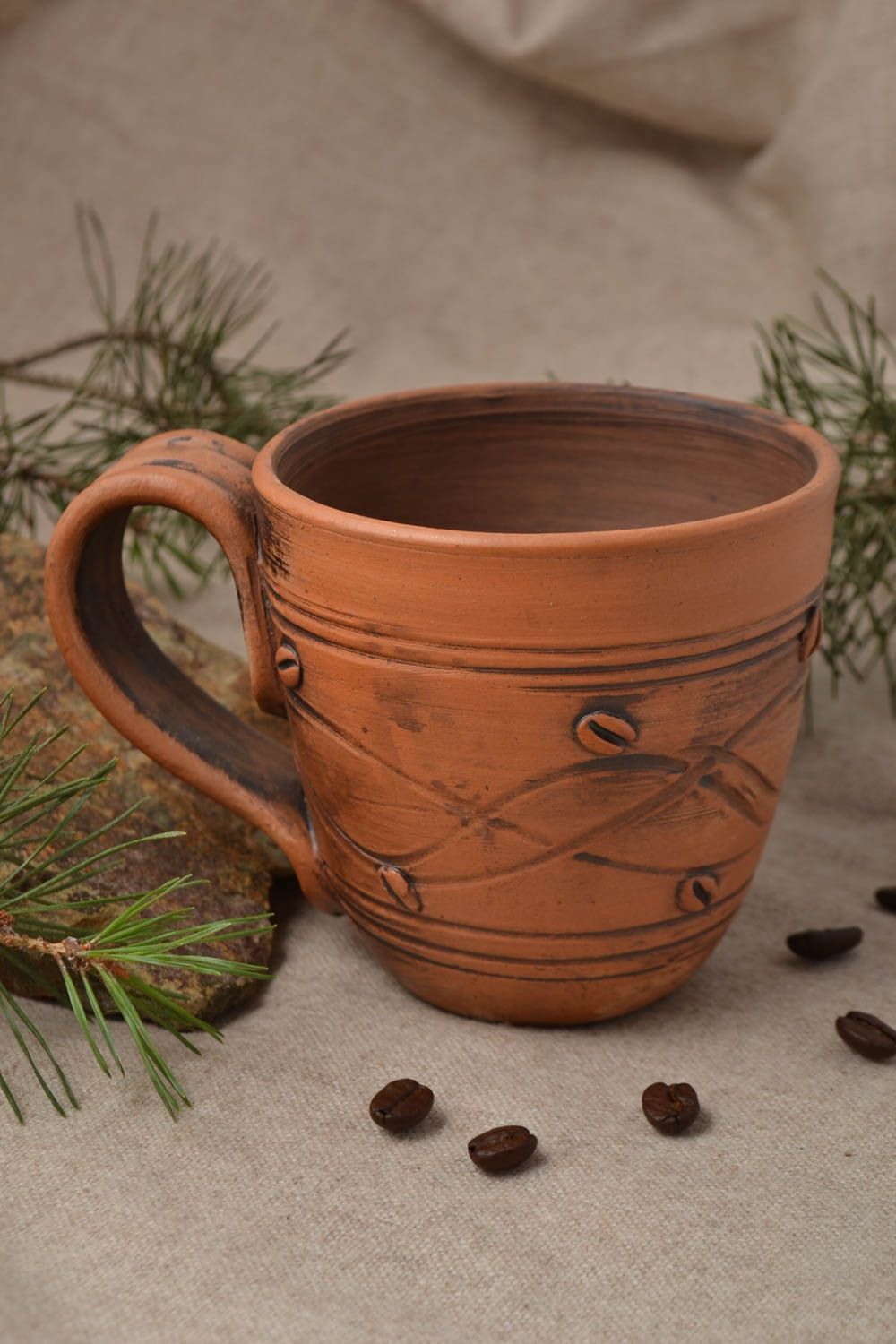 xl giant 13 oz clay coffee or tea mug with handle and beans pattern 0,6 lb photo 1