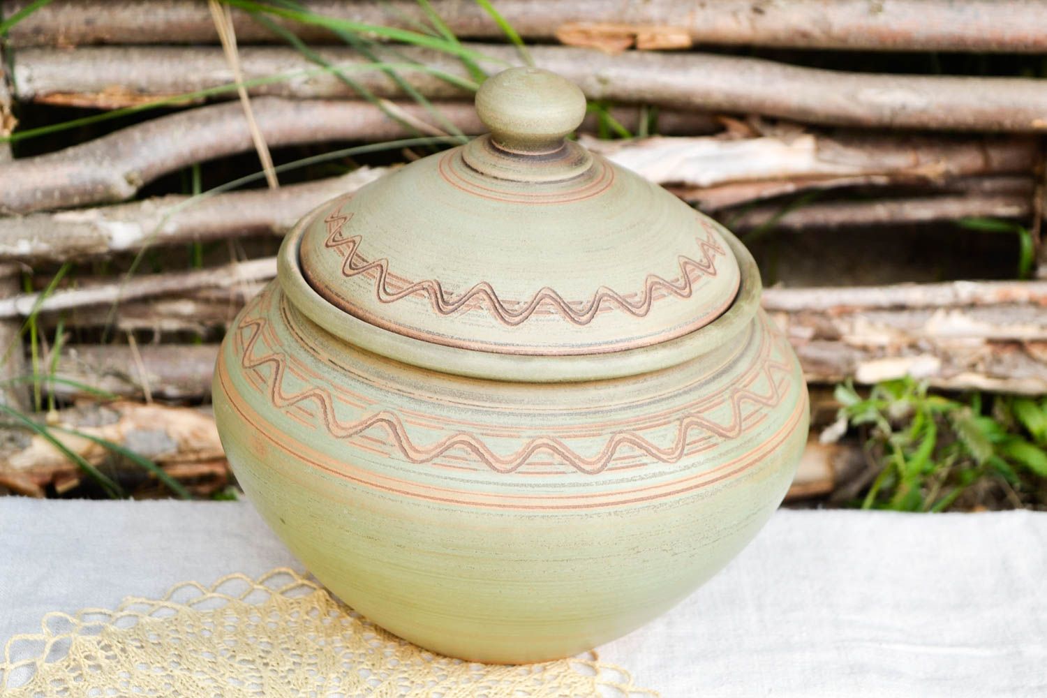 Handmade schöner Keramik Topf gemustert mit Deckel Ton Geschirr Küchen Zubehör foto 1